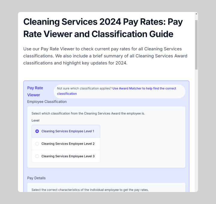 Cleaning Services award 2024 pay rate viewer and classification guide