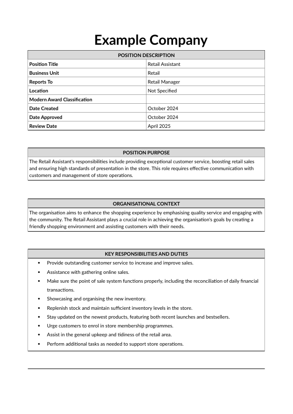 Free Retail Assistant Position Description and Job Posting Templates