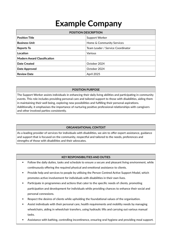 Free Support Worker Position Description and Job Posting Templates